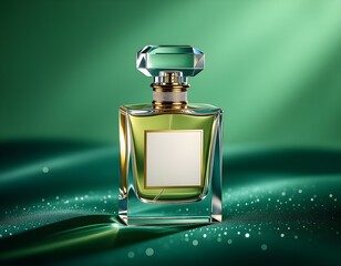 Luxury glass perfume bottle on a vibrant green background showcasing fragrance and beauty in a transparent container