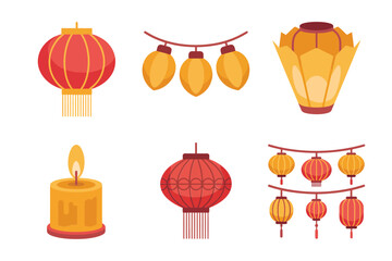 Outline color icons for glowing decoration, illustrating lantern, string lights, candles, representing festive holiday illumination,