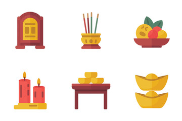 Outline color icons for sacred offering, illustrating incense, fruit, wine, candles, and various ceremonial prayer elements,