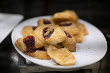 Delicious pastry assortment on buffet table ready