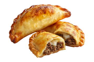 Argentina and Uruguay empanadas stacked in a pyramid, golden baked crust, meat and potato filling, isolated on white transparent background, concept of traditional South American Cuisine