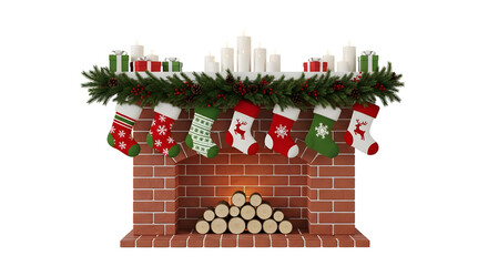 Festive Brick Fireplace Adorned with Christmas Stockings, Garland, and Candles