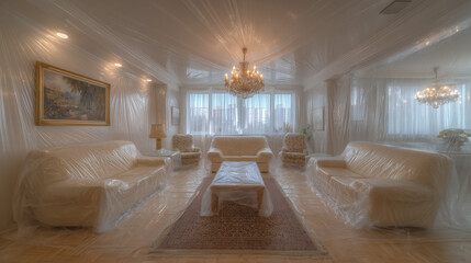 Living room furniture wrapped in plastic for renovation