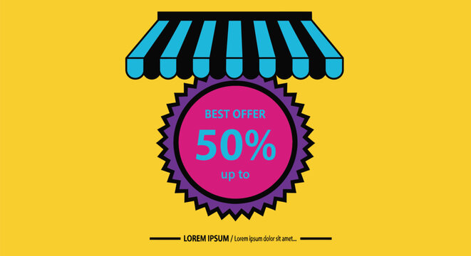 Amazing 50% off sale announcement banner with shop awning