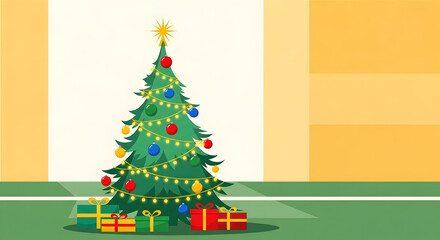 Festive Christmas Tree with Gifts on a Green Field