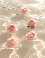 Roses float in water, shimmering light, soft, delicate
