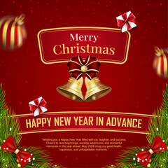 merry christmas and happy new year advance poster, luxury red christmas and new year greeting card, golden bells and red ribbon holiday background, 2026 new year eve celebration party template