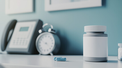 Blank pill bottle with blue capsules on tabletop