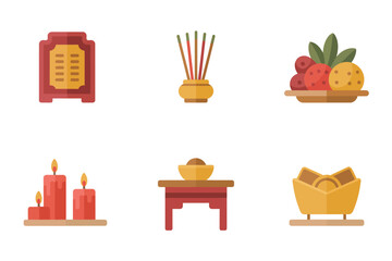 Flat vector icons for ceremonial tradition, featuring incense, fruit, wine, candles, representing prayer and ancestor offerings,