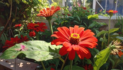 Vibrant Red Zinnia Flowers in a Lush Garden Setting, Close-Up View
