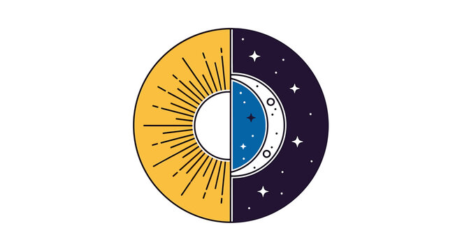 A circular graphic icon split into two halves representing day and night, with a stylized sun and crescent moon.