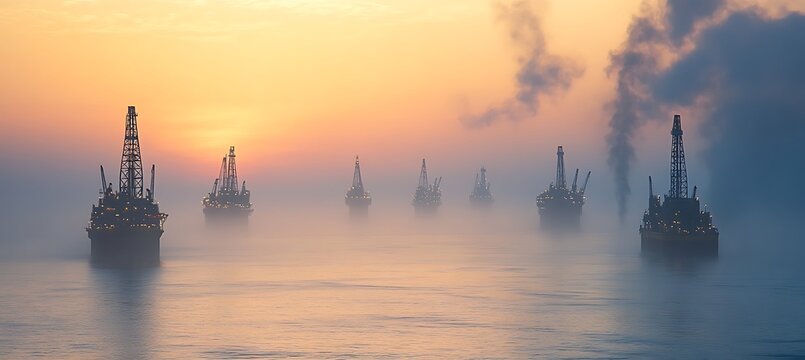 Fishing boats sailing on the sea in the morning mist with a beautiful sunrise in the background