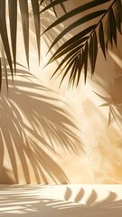 Palm shadows cascade on a sunlit, textured wall