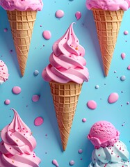 Pink ice cream cones pattern, pastel backdrop