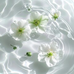 White blossoms float in rippling, bright, clear water