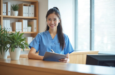 Smiling young Asian woman holds clipboard at hospital reception desk, ready to assist patients. Wears medical uniform, works as receptionist nurse in modern clinic. Green plants, binders fill office