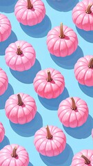 Pink pumpkins on light blue, casts shadows. Cute and festive