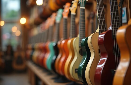 Many colorful acoustic guitars, ukuleles line up in music store. Instruments ready for sale. Different wood tones, bright colors. Shop offers variety for musicians looking for new sounds, music hobby.