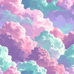 Pastel clouds pile, soft hues blend