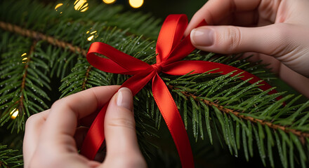 Hand holding a small red christmas tree branch with a ribbon and ornament is a holiday season decoration