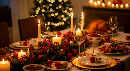 Luxury Christmas dinner table setting with festive holiday decorations, plates, glasses, and wine