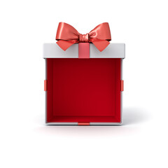 Blank white gift box mockup exhibition booth stand open or opened present box tied with red ribbon bow isolated on white background with shadow minimal creative idea conceptual 3D rendering