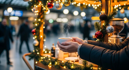 A festive winter holiday scene featuring a glass of beer on a table with gold Christmas lights and a tree decoration