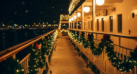 London urban architecture: Christmas lights illuminating a city street and river bridge traffic