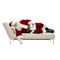 PNG cut out isolated background. A full-length studio shot of an exhausted Santa Claus sleeping or napping on a modern cream-colored chaise lounge or sofa.