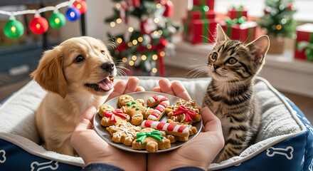 Cute purebred golden retriever puppy and cat isolated on white background with Christmas cookies