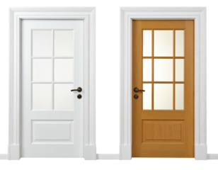 Two classic interior doors, one white & the other wood, framed on a black background