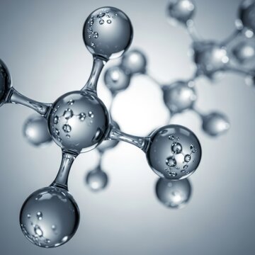 Closeup of a molecule structure with water droplets on a blue background, showcasing scientific research and innovation