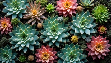 Fototapeta premium Group of various colorful succulents, including pastel pink orange green hues, arranged closely on dark soil background. Small fuzzy seed pods, green plants fill gaps. Minimalist nature, botanical