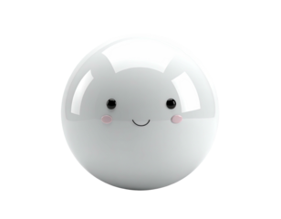 Glossy, white spherical character with a cheerful face on a black background