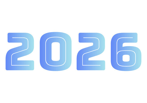 Bold blue 2026 numbers with a futuristic glow on a transparent background