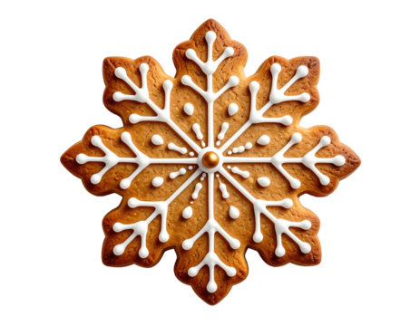 A beautifully decorated, iced gingerbread snowflake against a pure black background