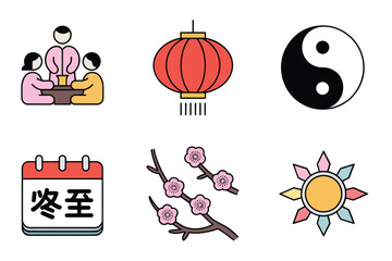 Detailed flat vector icons for annual festival, showing Yin Yang, lanterns, calendar, representing the winter solstice,