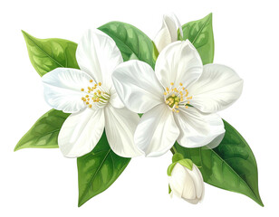 Detailed floral illustration of white blossoms, green leaves, and unopened buds