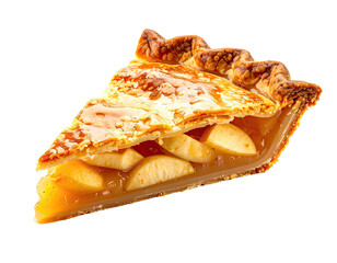 A delicious slice of baked pie with a golden crust and apple filling, isolated