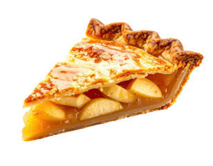 A delicious slice of baked pie with a golden crust and apple filling, isolated