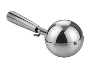Shiny silver kitchen tool, ice cream scooper with a spherical bowl and handle