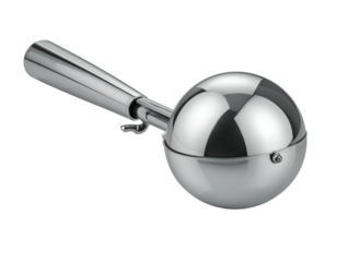 Shiny silver kitchen tool, ice cream scooper with a spherical bowl and handle