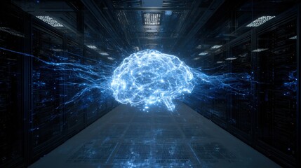 Futuristic depiction of a brain, showcasing artificial intelligence and data processing in a digital environment.