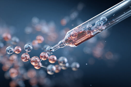 A glass pipette delivers shimmering liquid spheres near complex molecular structures symbolizing scientific discovery and advanced ingredient formulation