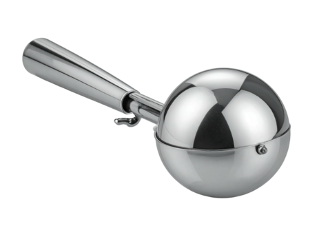 Shiny silver kitchen tool, ice cream scooper with a spherical bowl and handle
