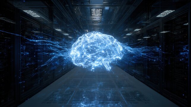 Futuristic depiction of a brain, showcasing artificial intelligence and data processing in a digital environment.