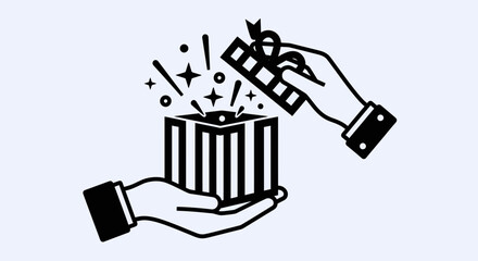Gift Giving Icon with Sparkling Present and Hands Silhouette