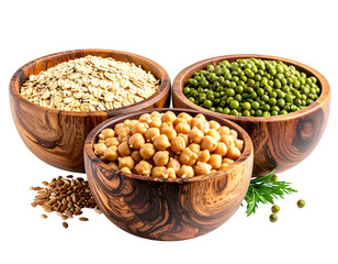 Three wooden bowls of healthy grains and legumes. Black background