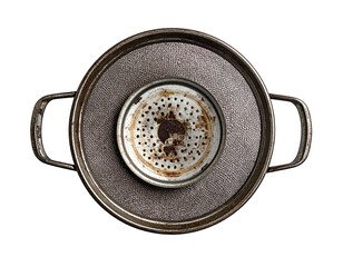 Overhead view of a rusty strainer centered within a textured metal pot and tray