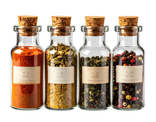 Four glass spice jars, corked, labeled, filled with colorful herbs and seasonings